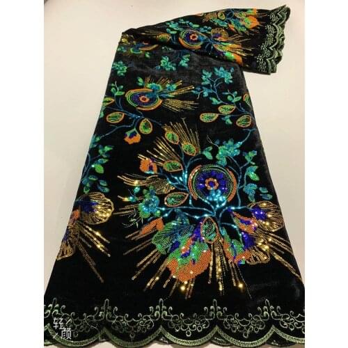 Hot Sale African Lace Fabric Embroiderey Sequins Velvet Lace Newest Nigerian Velvet Lace Fabric For Wedding Material Sewing FJFF
