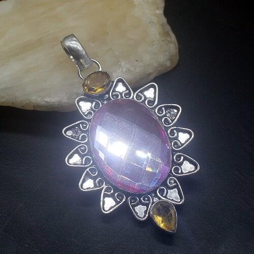 Hermosa Jewelry Natural Faceted Topazz Yellow Citrine Silver Color Charm Fashion Necklace Pendant for Women Gifts 65mm FQ42