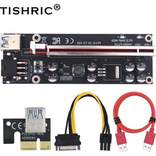 TISHRIC VER009S Plus Riser Card USB 3.0 Riser Cable PCL-E 16x Riser Extender SATA 6 Pin Adapter Power Cable Mining