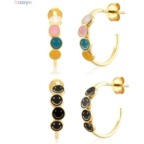 Lozoya 925 Sterling Piercing Huggies Women Silver Gold Smile Happy Hoops Earring Smiley Face Enamel Rainbow Colorful Earring