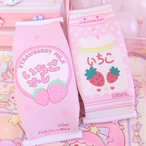 Lovely Pink Strawberry Milk Model Pencil Case Stationery Storage Bags