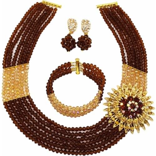 Fashion Brown Gold AB Nigerian Wedding Beads Statement Necklace African Jewelry Set for Women Crystal 6-SS13