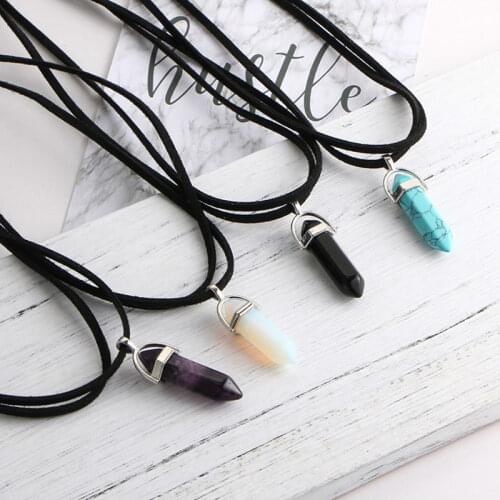 Womens bullet necklace retro crystal natural stone quartz necklace pendant collar black rope chain jewelry jewelry