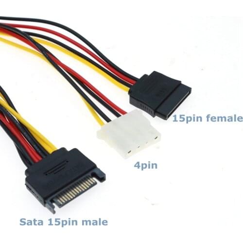 SATA 15Pin Male to Molex 4-pin Female + 15Pin Female SATA Computer Case Power Cord, Used for IDE to Serial ATA SATA Hard Drives