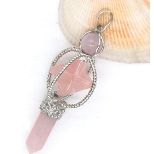 100-Unique Silver Plated Hexagon Column Merkaba Sceptre Pendant Natural Rose Pink Quartz Elegant Women Jewelry