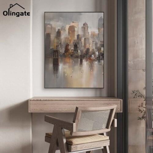 Vintage Bridge Boat Oil Painting On Canvas Modern Abstract City Building Landscape Poster One Piece Wall Art Home Decoration