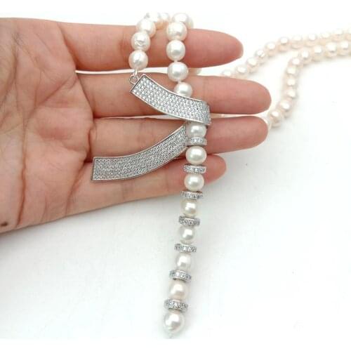 YYGEM 24'' 8-9MM White round freshwater Pearl Necklace CZ micro pave connector sweater chain necklace for women