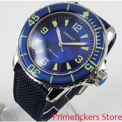 Green Hands 45mm Blue Dial Rotating Bezel Automatic Movement Mens Watch Pin Clasp Luminous