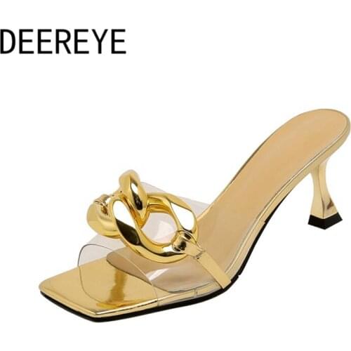 Design Trendy Chain Decoration Transparent Clear PVC Women High Heeled Mules Open Toe Wine Glass Heel Shoes Sandals Women 2021