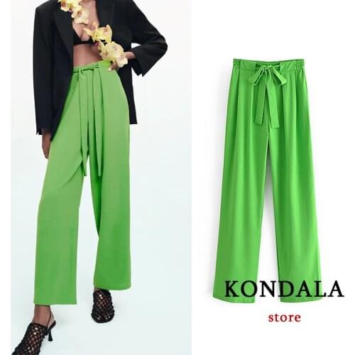 KONDALA Za 2021 Women Chic Green Bow Sashes Pants High Waist Elastic Wide Leg Long Pants Vintage Stylish Women Trousers
