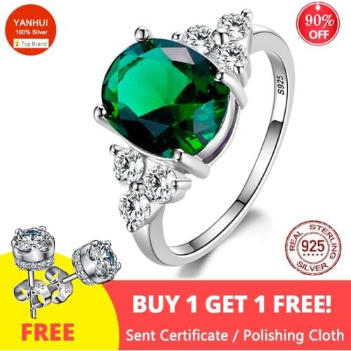 Womens Fashion Jewelry Authentic 925 Sterling Silver Rings Emerald Zircon Oval Wedding Ring With Gift Box (Free Sent Earrings)