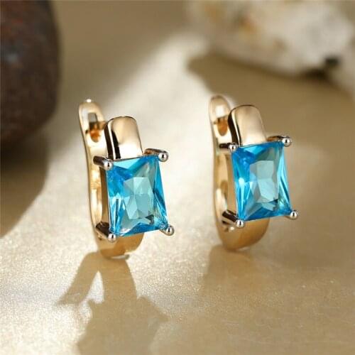 Square Aqua Blue Zircon Hoop Earrings Luxury Crystal Stone Earrings Vintage Gold Color Bridal Earrings For Women Wedding Jewelry