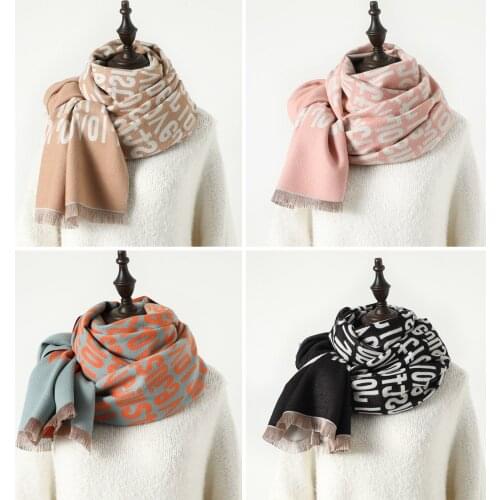 Long and Thick Tassel Scarf In Winter. Womens Windproof Fashionable Imitation Cashmere Shawl. Oversized Lettered Print Shawl
