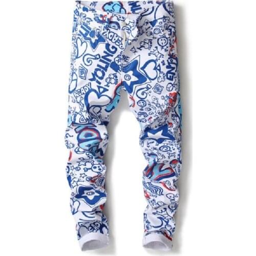 2020 New Fashion High Street Mens Funny printed jeans Slim straight colored painted stretch elasticity locomotive pants