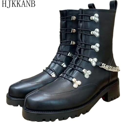 British Style Martin Boots Women Genuine Leather Solid Color Metal Chain Decor Ankle Boots Mid Heel Slip On Boots Zapatos Mujer