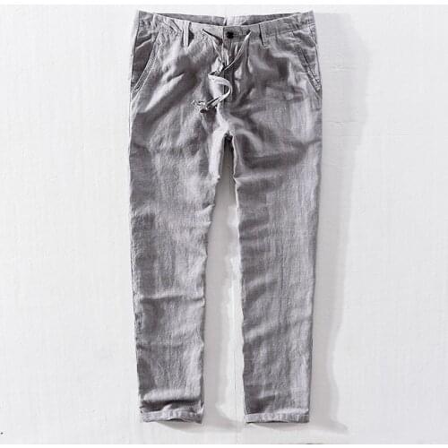 New Top quality Mens Summer Casual Pants Natural Cotton Linen Trousers White Linen Elastic Waist Straight Mens Pant