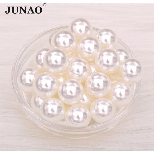 JUNAO 3 6 8 10 12 16 18 20 30mm Ivory White Pearl Beads No Holes Round Crystal Rhinestone Bridal Beads Applique for DIY Clothes