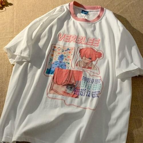 100%Cotton super chic Anime Girls Printed Cotton T Shirts Women Kawaii Clothes for Teens Girls 2021 Summer Harajuku Graphic Tee