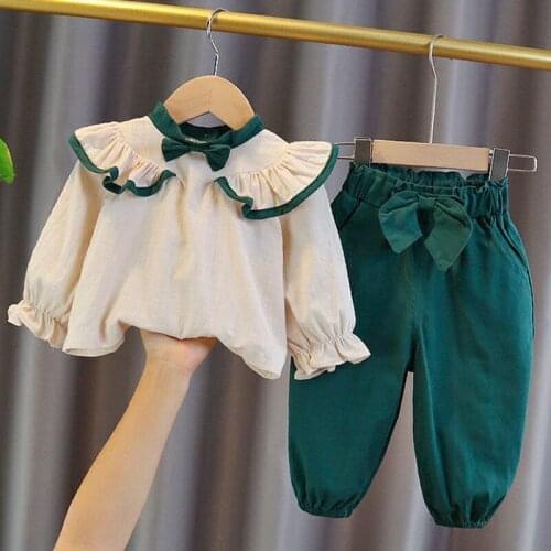 Girls Clothes Sets Spring Autumn Bowknot Blouses Tops + Bloomers Pants Outfits For Children Clothes Set Sweet Kids Clothing 2Pcs