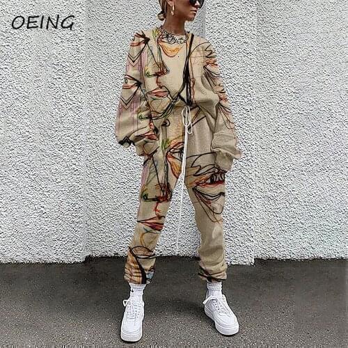 Korean Fashion Fitness Sweat Tracksuit Print Casual Workout Clothes 2 Piece Sets Spring Jogging Suits