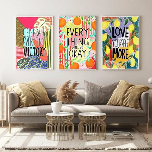 Motivational Quotes Text Posters And Prints Love Yourself More Wall Pictures Fruit Tropical Canvas Painting for Home Decor