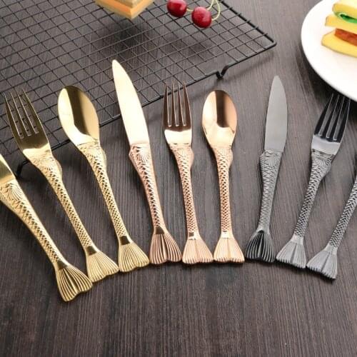 Stainless Steel Knife Fork Scoop Kit Dinner Tools Embossed With Fishtail Handle Cutlery Soup Scoop Salad Steak Fork Set 3pcs/set