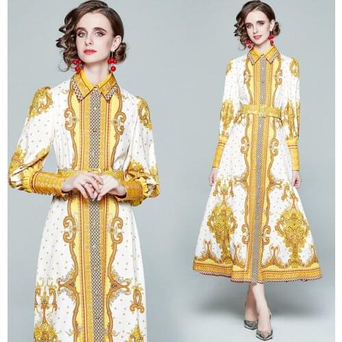 WTIANYUW New 2021 Summer Women Dress Elegant Slim Vintage A-Line Print Long Sleeve Maxi Dresses