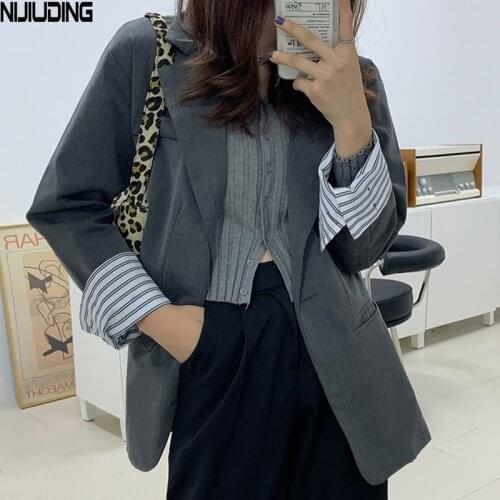 NIJIUDING Blazer Jacket for Womens 2020 Autumn New Vintage Solid Notched Collar Plaid Double Breasted Pockets Female Suits Coat