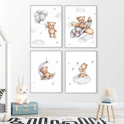 Nordic Cartoon Animal Printing Poster Kwai Bear Airplane Moon Canvas Oil Painting Kindergarten Wall Art Baby Room Bedroom Decor