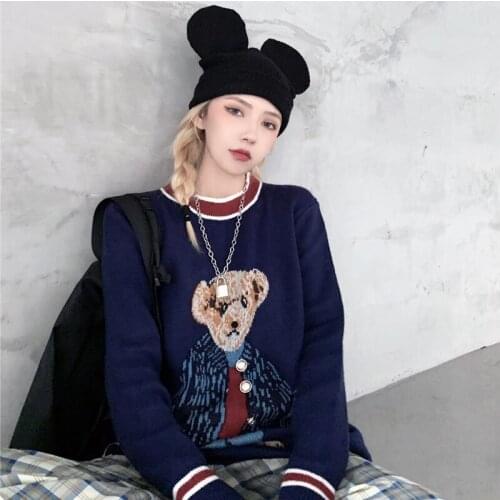 New Autumn Sweater Women College Style Sweater Cute Cartoon Bear Sweater Loose Round Neck Knitted Sweater Casual Man Sweater