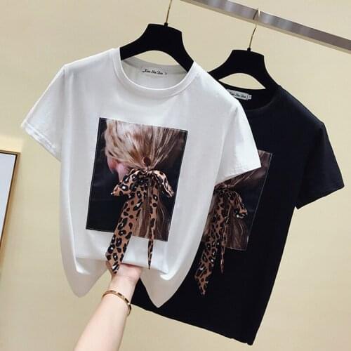 Bow Print T Shirts Women 2020 Summer T-Shirt Korean Style Womens Tops Cotton Short Sleeve Tshirt Woman Clothes Tee Shirt Femme