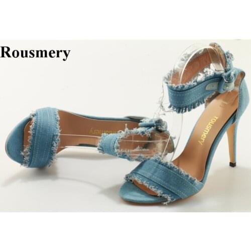 New Fashion Women Open Toe Denim High Heel Sandals Cut-out Ankle Buckle Sandals Women Casual Dress Shoes Jean Heels