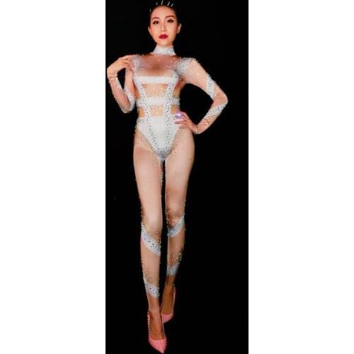 2020 Women Fashion Rompers Rhinestones Jumpsuit Long Sleeves Stretch Sexy Nude Bodysuit Stage Performance Party One-piece Outfit