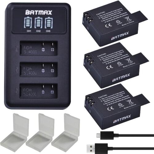 3Pcs PG1050 Batteries + LED 3slots USB Charger for SJCAM sj4000 sj5000x SooCoo c30 C50 EKEN H9 H3 V8 Series 4K Ation Cameras