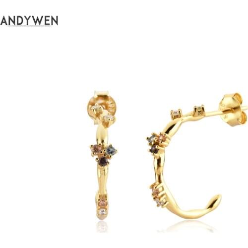 ANDYWEN 925 Sterling Silver 15mm Piercing Pendiente Gold Five Zircon Rainbow CZ Hoops Circle Rock Punk Loops Luxury Jewelry