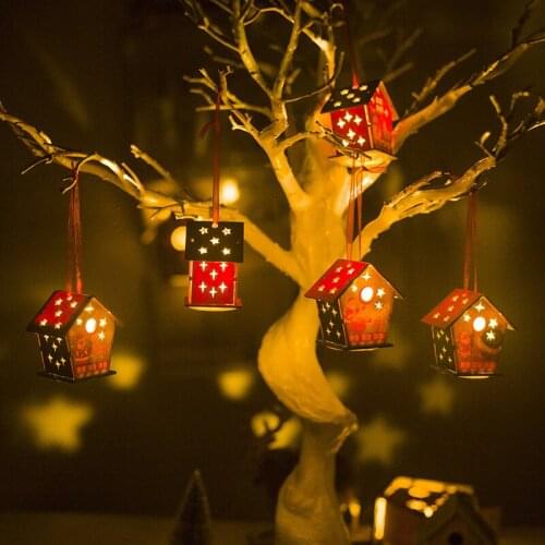 Wooden Christmas Cottage Creative Christmas Tree Pendant Hanging Decor Lighted Decoration