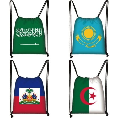 Haitian / Kazakhstan / Arabic Algerie / Saudi Arabia Flag Backpack Women Men Storage Travel Bags Casual Drawstring Bag Rucksack