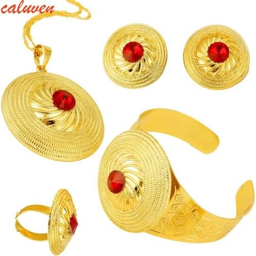 Red Stone Ethiopian Jewelry Set for Women Gold Pendant Necklace Bangle Earrings Ring Habesha African Wedding Bride Eritrea