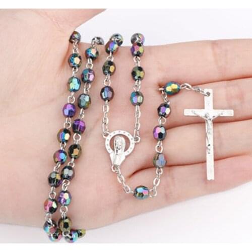 Round Bead Colorful Rosary Alloy Cross Pendant Virgin Mary Centrepieces Necklace Christian Catholic Religious Jewelry