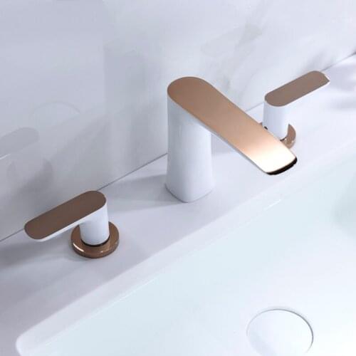 White and Rose gold Bathroom Brass Basin Faucet Double Handle 3 Holes Sink Tap Hot and Cold Mixer Black Bath Bathtub Faucet