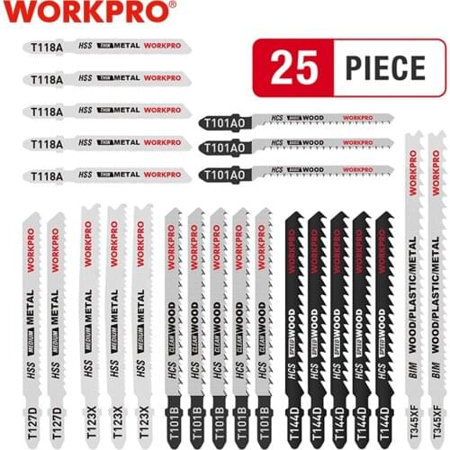 WORKPRO 25PC Saw Blades T-Shank Jigsaw Blades Assorted Blades for Wood Plastic Metal Cutting Saw Blades Made with HCS/HSS/BIM