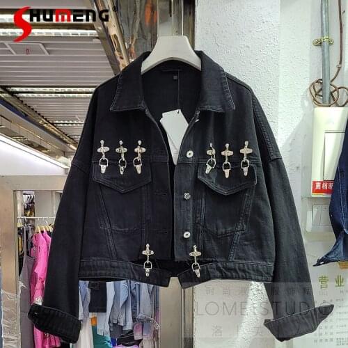Fashion All-Match Black Long Sleeve Short Denim Coat Ladies 2021 Autumn New Metal Decorative Jacket for Female