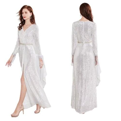 Amazon diamond waist chain long sleeve dress new silver V-neck dress annual meeting dress business dress host