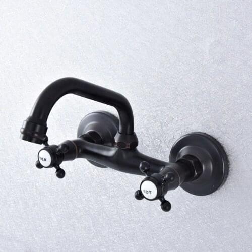 360 Swivel Bathroom Black Bronze Faucet Wall Mounted Double Handle Swivel Spout Hot and Cold Mixer Faucet Nsf736