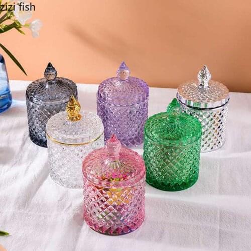 Relief Rhombus Glass Storage Jars European Decorative Candy Pot Crystal Jar with Lid Cosmetic Container Jewelry Organizer Box