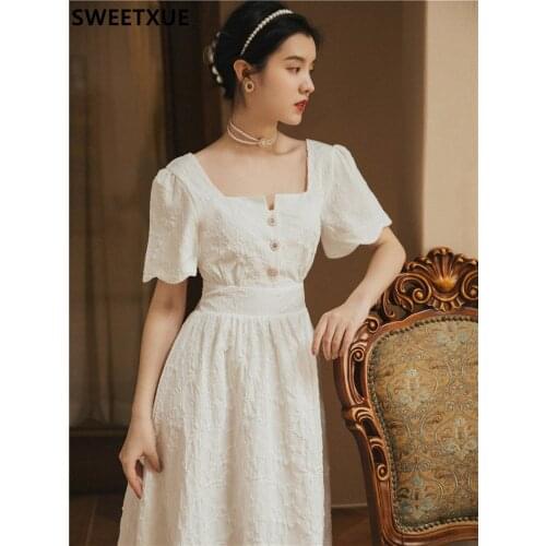 SWEETXUE Vintage embossed white romantic Sweet Fairy Elegant Party Dress Womens Summer 2021 Fashion Long Cute Chic Dress Female