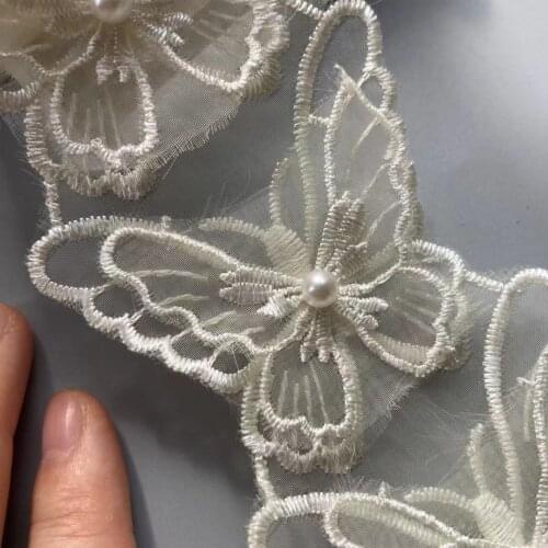 1 Yard Ivory Mesh Bowknot Rhinestones Embroidered Lace Trim Ribbon Patches Applique Fabric DIY Wedding Dress Sewing Supplies