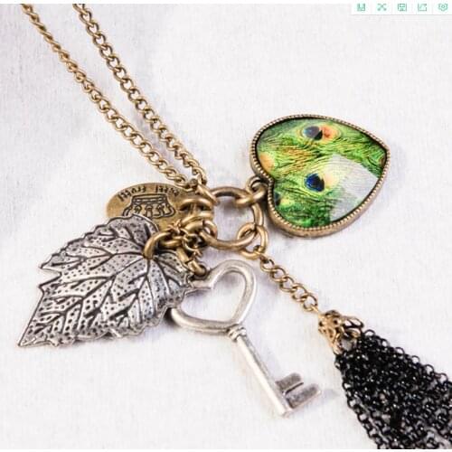 Fashion Jewelry Womens Leaf Peacock Heart Key Tassels Pendant Charms Long Chain Necklace