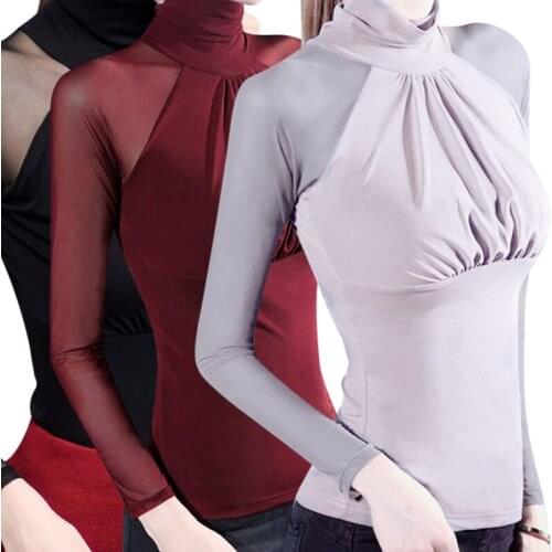Womens Long Sleeve T-shirt Ladies High Neck Mesh Casual Party Blouse Tops Shirt
