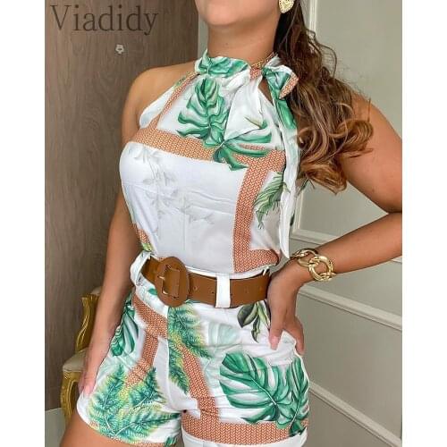 Women Summer Print Halter Sleeveless Rompers Open Back High Waist Playsuits No Belt